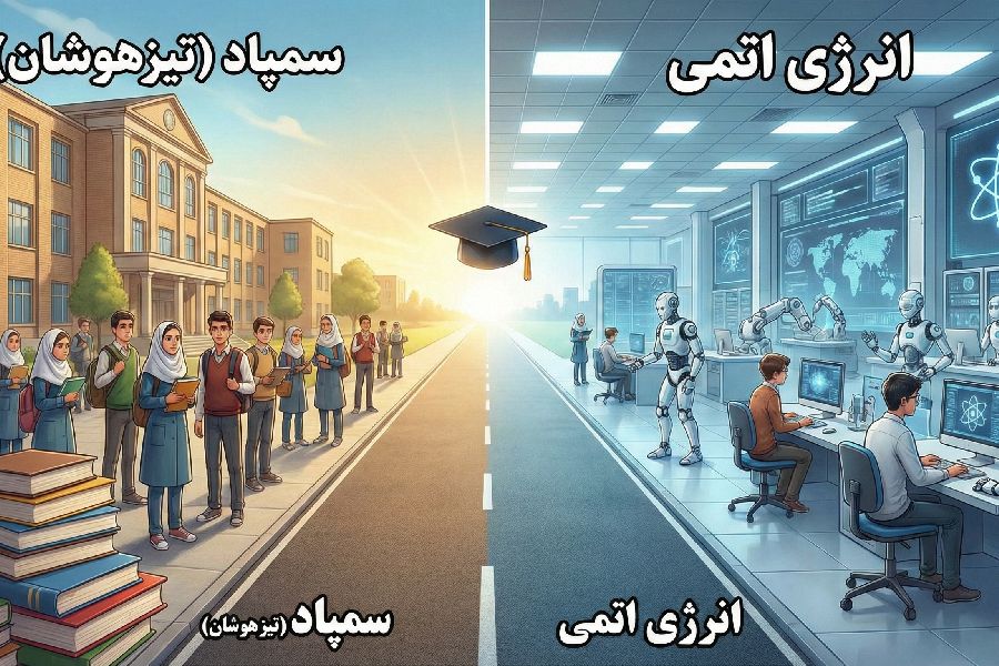 مقایسه بصری دو مسیر آموزشی متفاوت: سمپاد (دولتی و آکادمیک) در مقابل انرژی اتمی (مدرن و فناورانه)