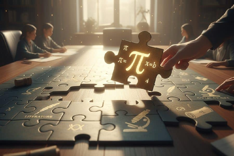 پازل آزمون ورودی مدرسه منظومه خرد که قطعه مرکزی و بزرگتر آن با نمادهای ریاضی در حال جایگذاری است، نشاندهنده اهمیت حیاتی درس ریاضی.