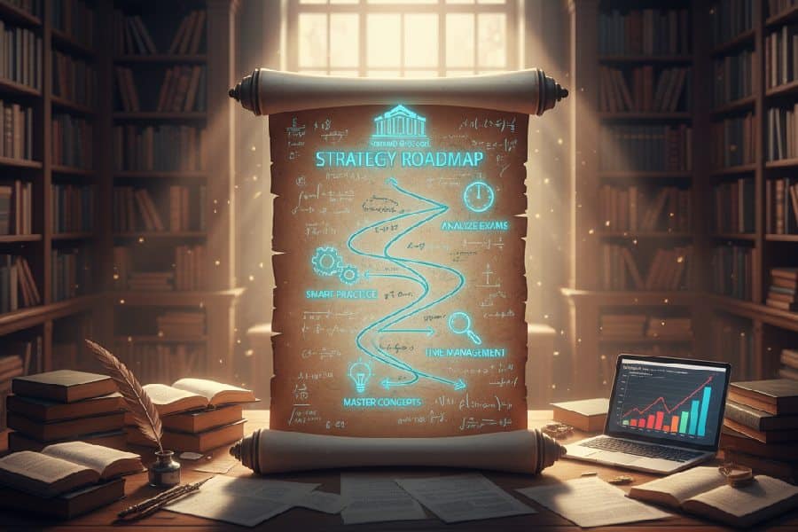 نقشه راه استراتژی عملی برای موفقیت در ریاضی و قبولی در منظومه خرد شامل مراحل کلیدی مانند تسلط بر مفاهیم و مدیریت زمان، در یک فضای مطالعه آرام.