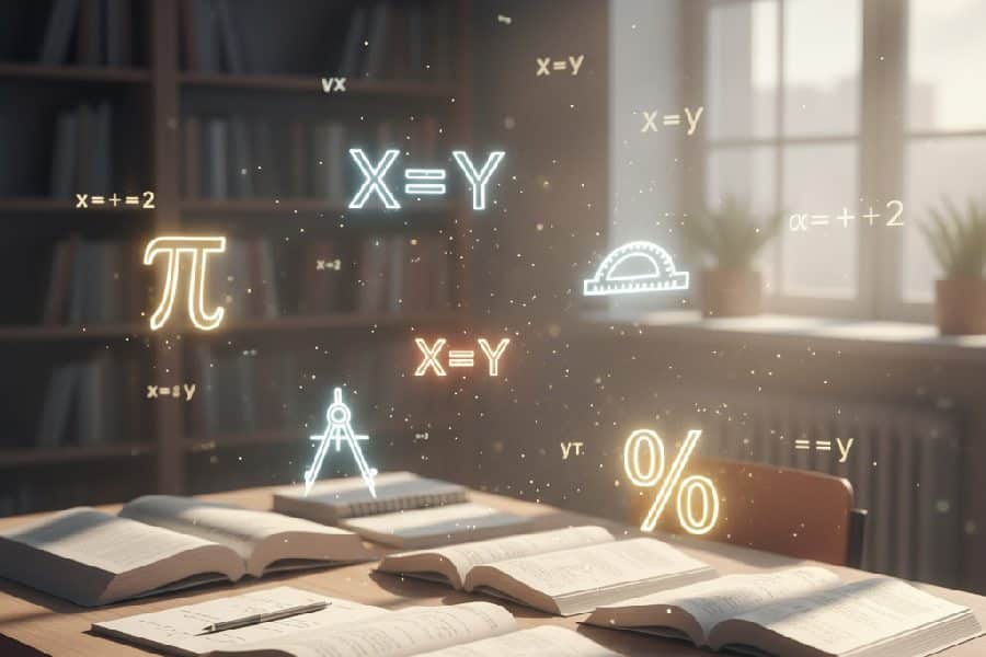 میز مطالعهای با کتابهای ریاضی باز و نمادهای شناور هندسه و جبر، نشاندهنده مباحث کلیدی ریاضی برای آمادگی آزمون ورودی منظومه خرد.