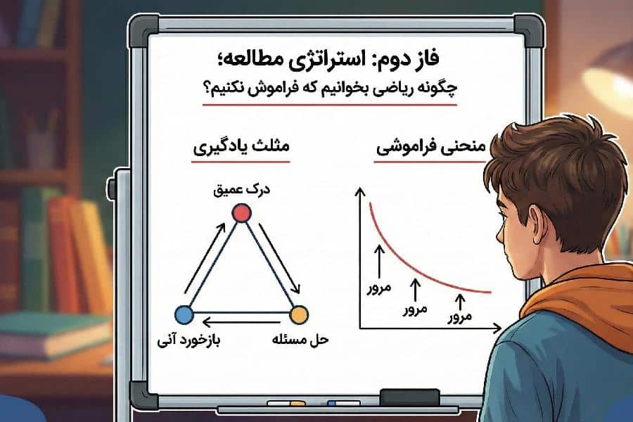 نمودار استراتژی مطالعه و منحنی فراموشی در یادگیری ریاضی.