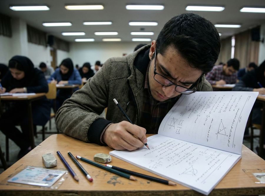 یک دانشآموز درحال حل کردن امتحان دشوار ریاضی است.