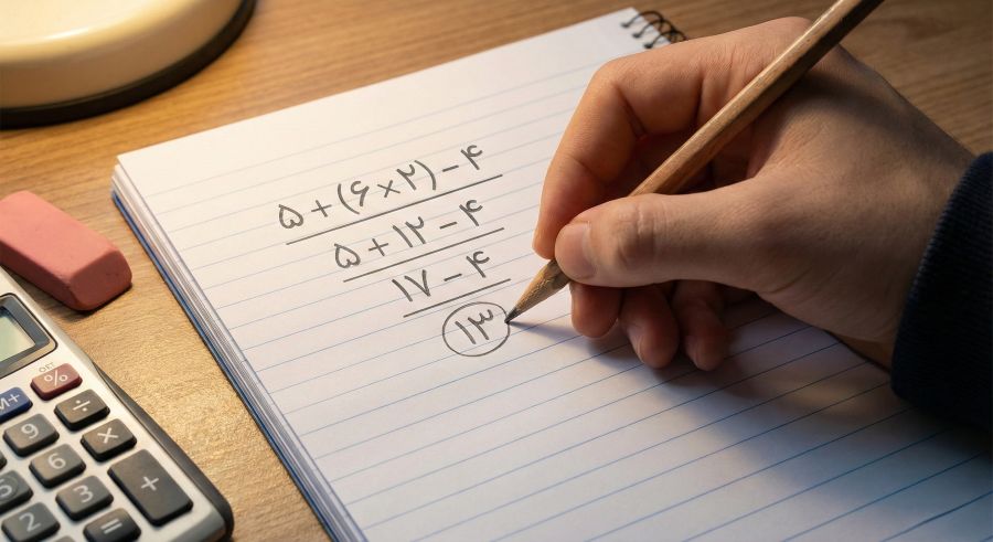 دست دانشآموزی که روی کاغذ تمیز در حال حل تمرین ریاضی به روش پلکانی است