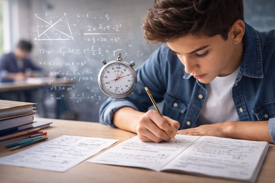دانشآموز در حال حل سوالات چندمرحلهای ریاضی در آزمون ورودی مدارس برتر تحت فشار زمان